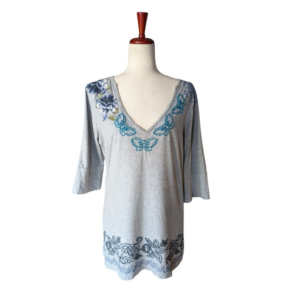JW Los Angeles Gray Cotton Embroidered Butterfly Floral Tunic Top XL